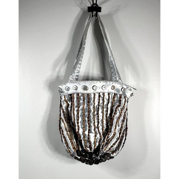 Handcrafted Statement Silver Satin Purse with Buttons & Beads Embellishments - Picture 2 of 16